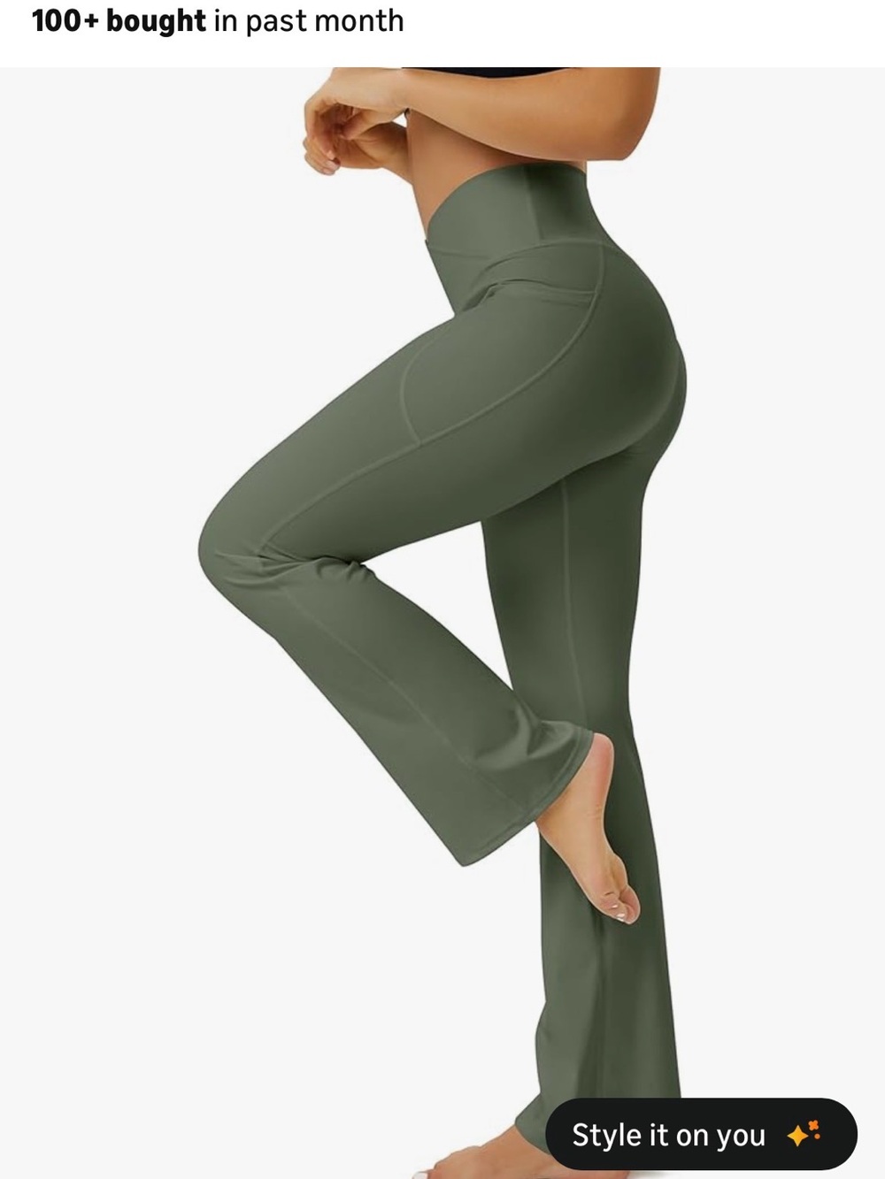 High-Rise Olive Green Flare Yoga Pants with Side Pocket